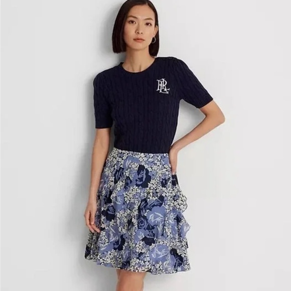 Lauren Ralph Lauren Blue Floral Ruffled Trim Georgette Skirt SZ 14 or 16 NEW - Picture 2 of 11